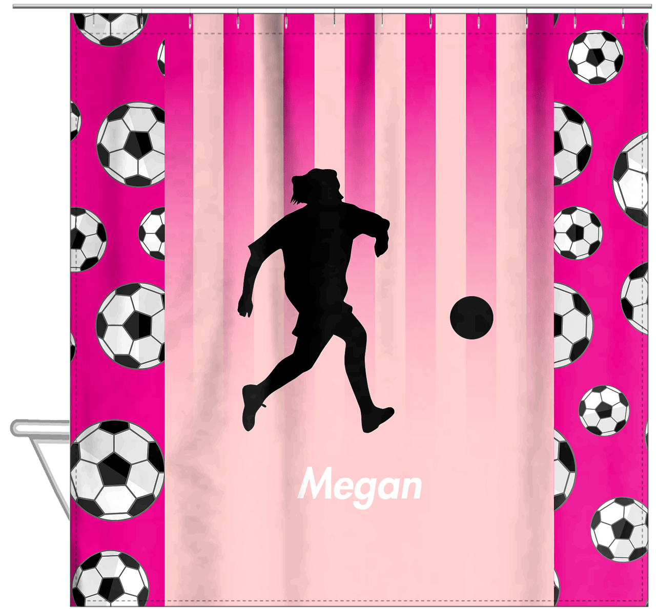 Personalized Soccer Shower Curtain LIV - Pink Background - Girl Silhouette III - Hanging View