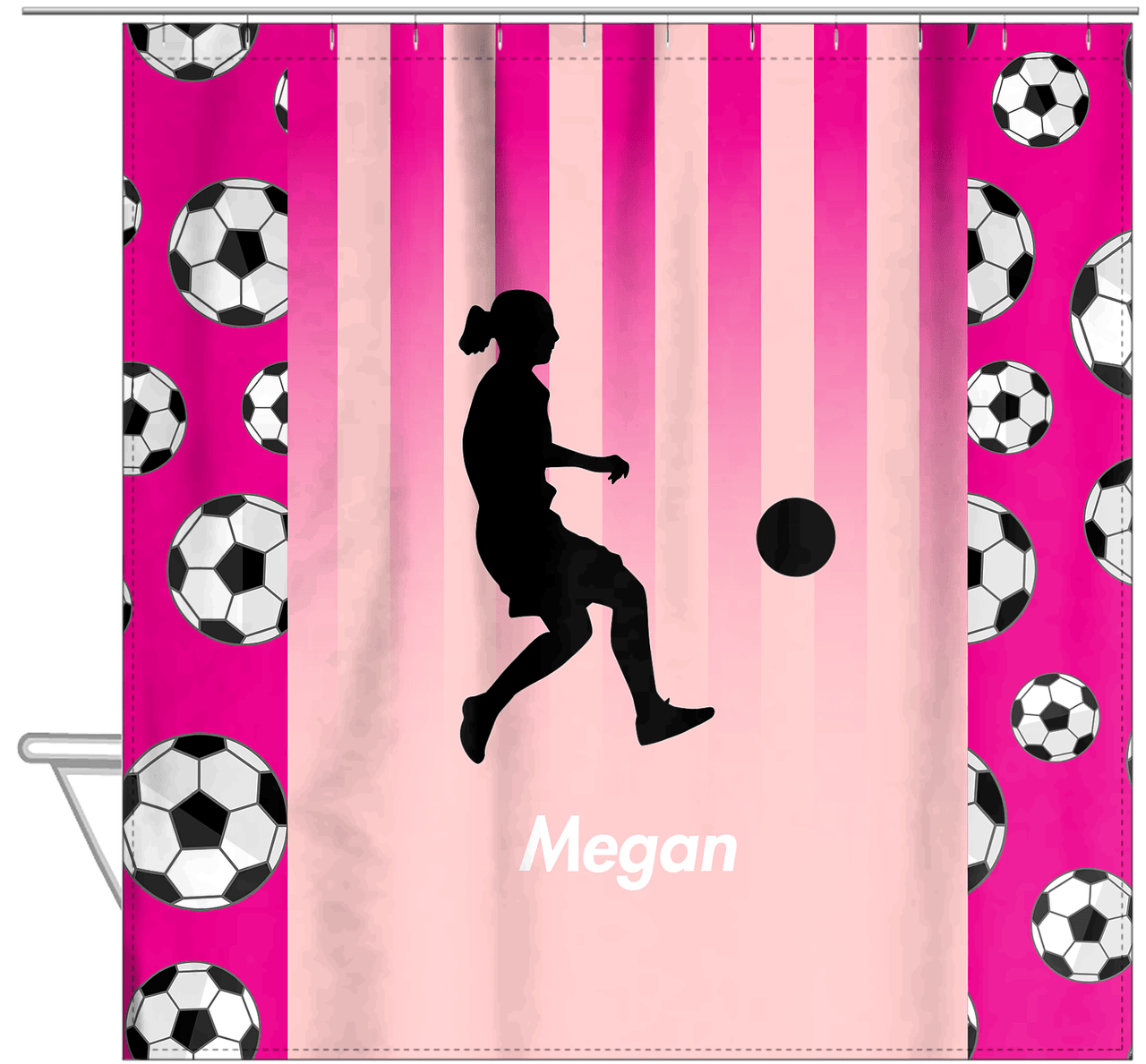 Personalized Soccer Shower Curtain LIV - Pink Background - Girl Silhouette IV - Hanging View