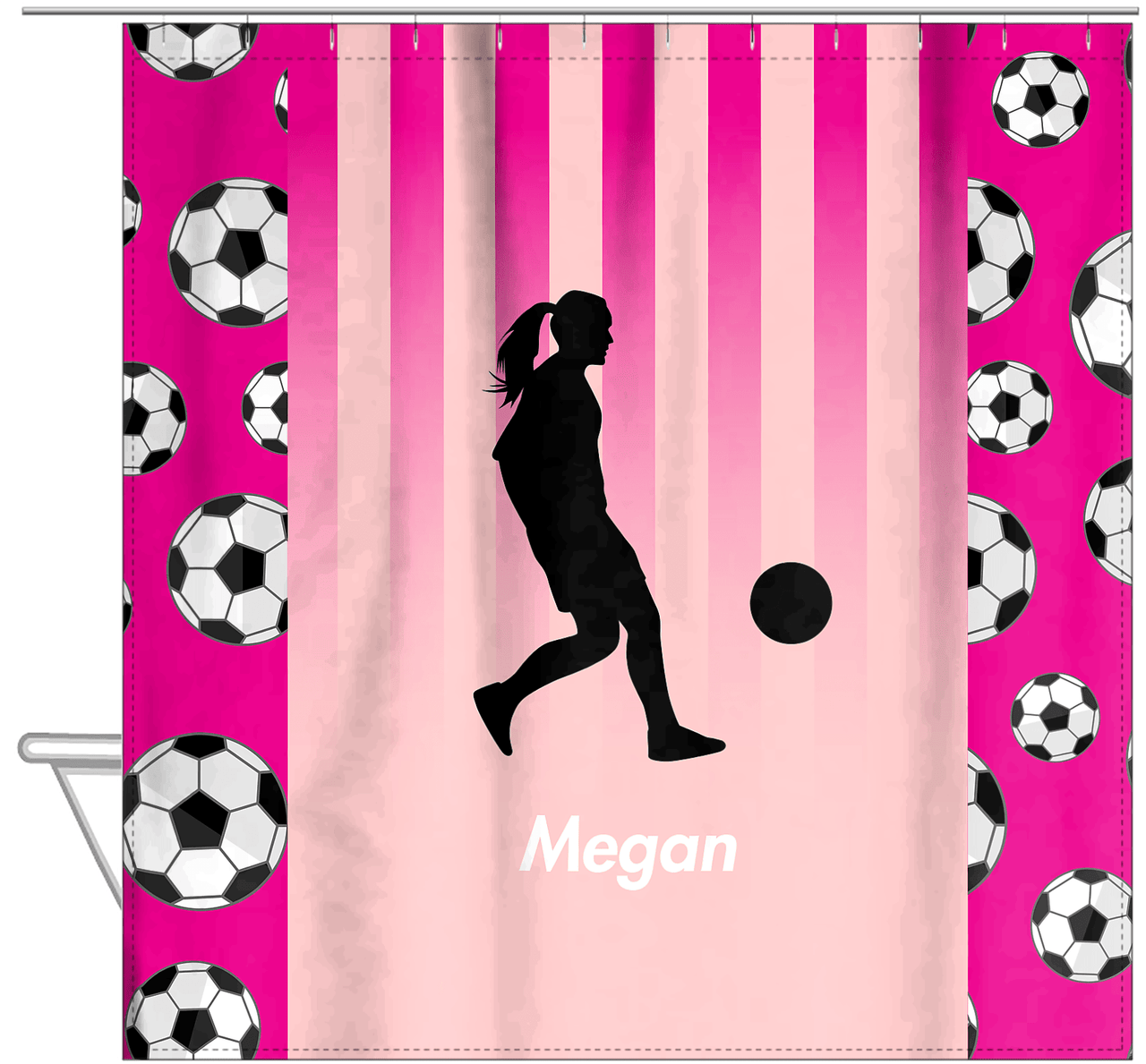 Personalized Soccer Shower Curtain LIV - Pink Background - Girl Silhouette V - Hanging View