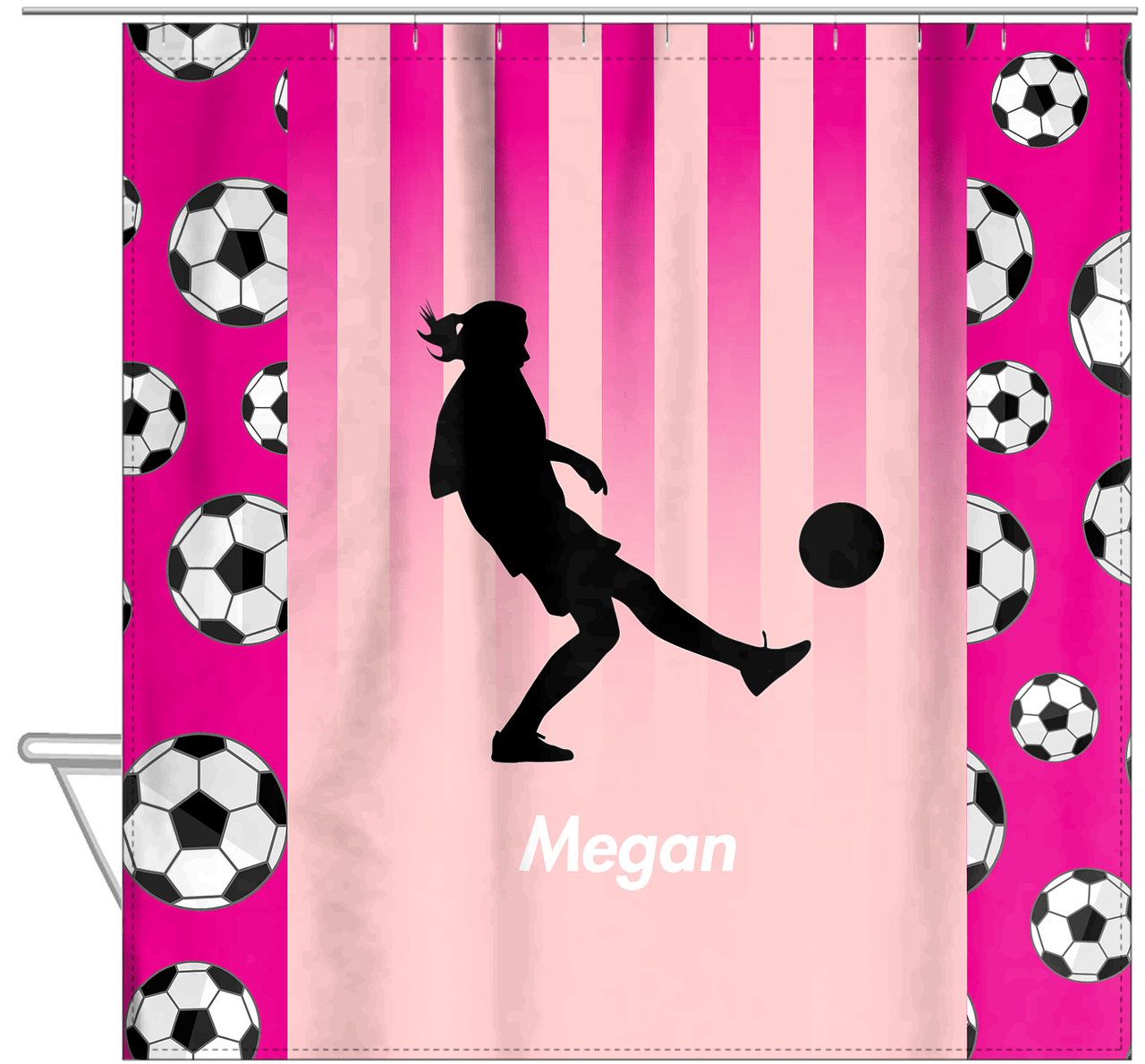Personalized Soccer Shower Curtain LIV - Pink Background - Girl Silhouette VI - Hanging View