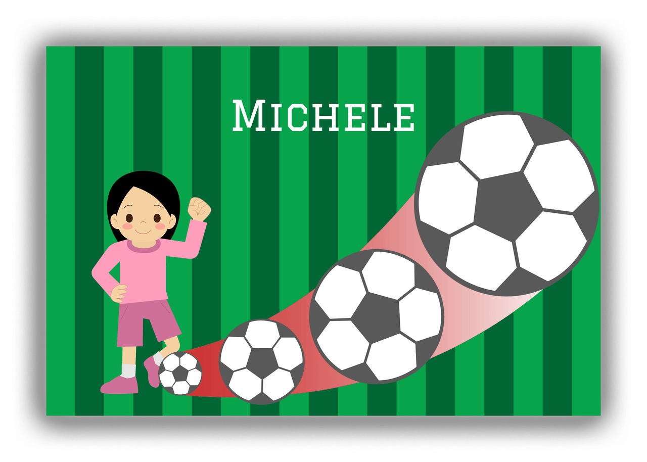 Personalized Soccer Canvas Wrap & Photo Print II - Big Kick - Black Hair Girl II - Front View