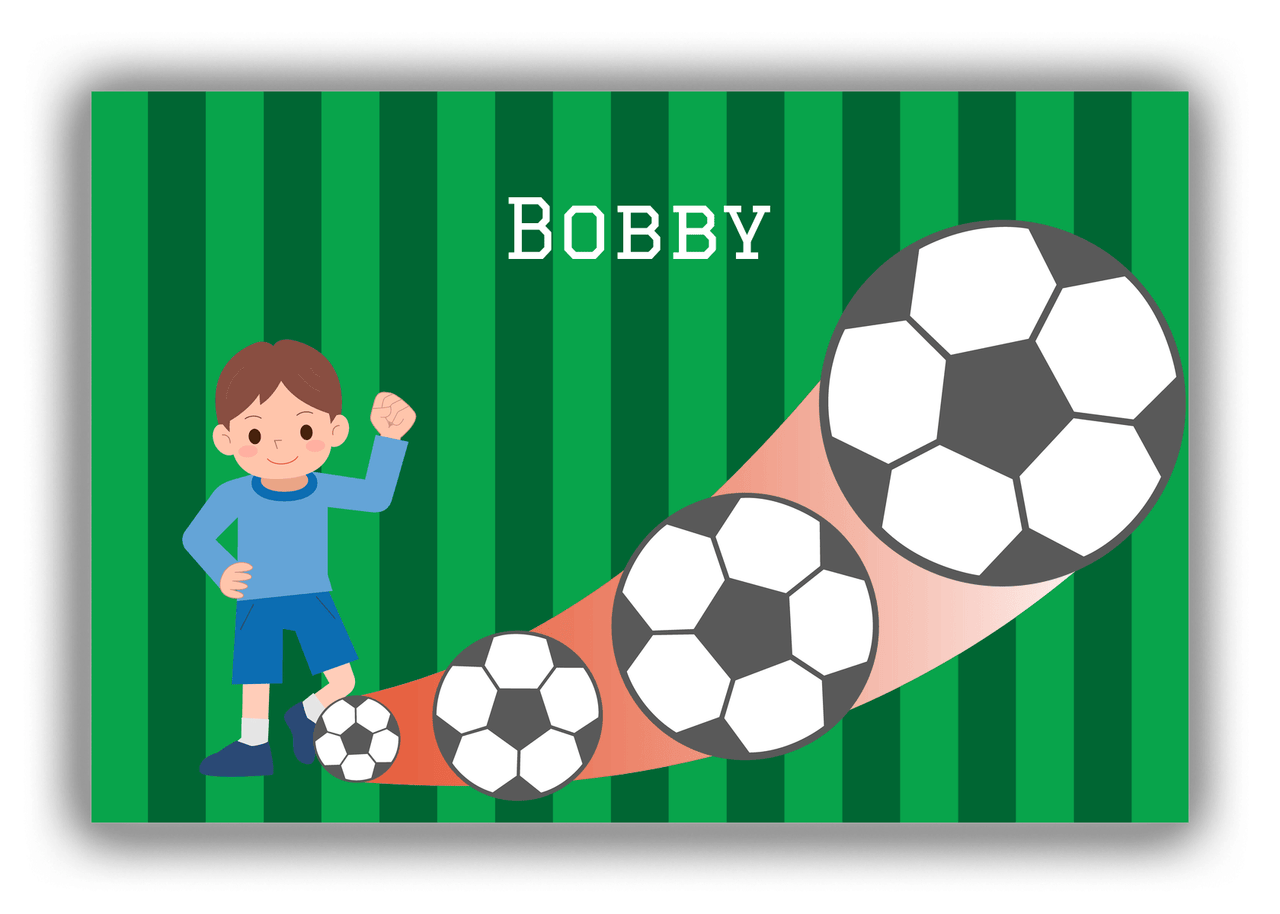 Personalized Soccer Canvas Wrap & Photo Print III - Big Kick - Brown Hair Boy - Front View