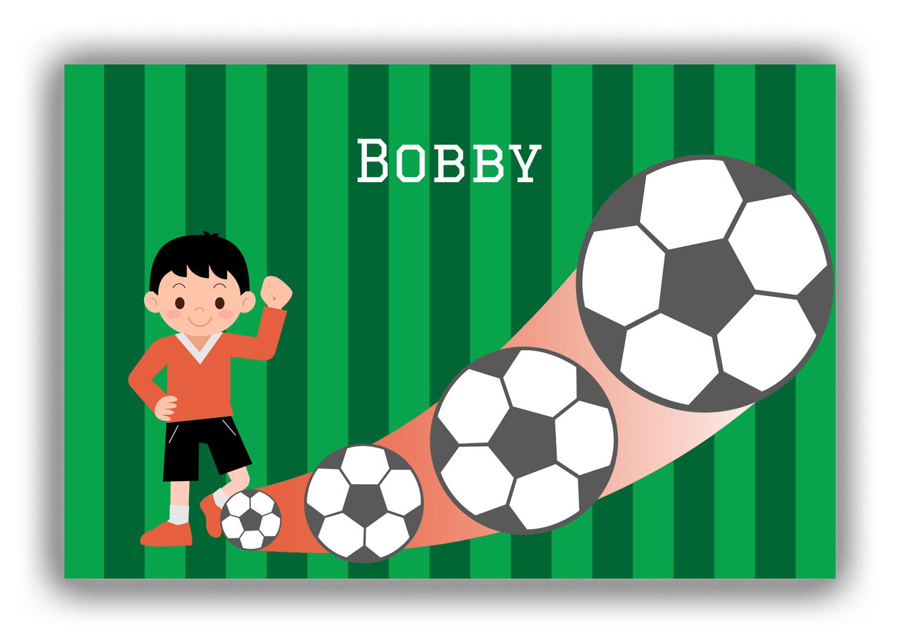 Personalized Soccer Canvas Wrap & Photo Print III - Big Kick - Black Hair Boy I - Front View