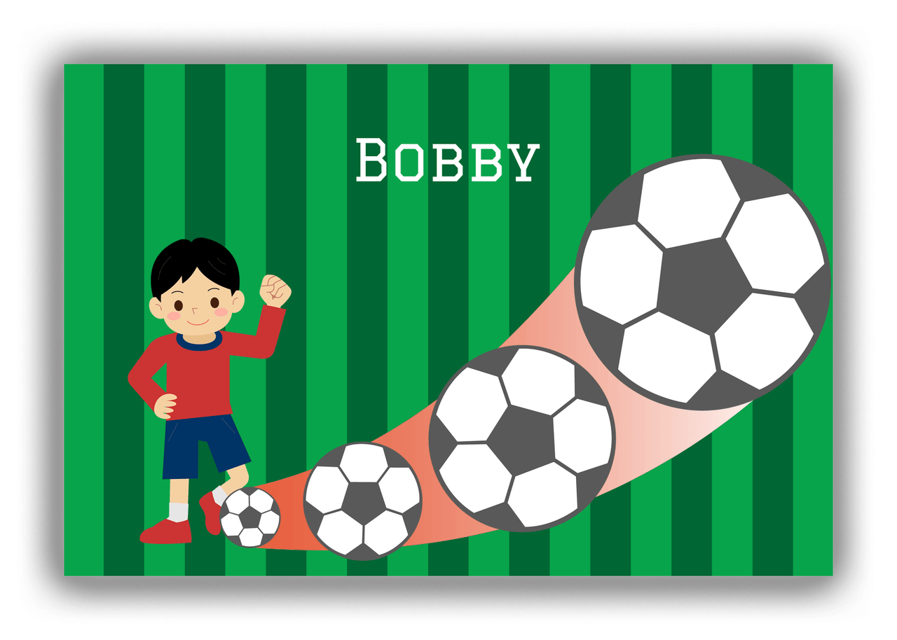 Personalized Soccer Canvas Wrap & Photo Print III - Big Kick - Black Hair Boy II - Front View