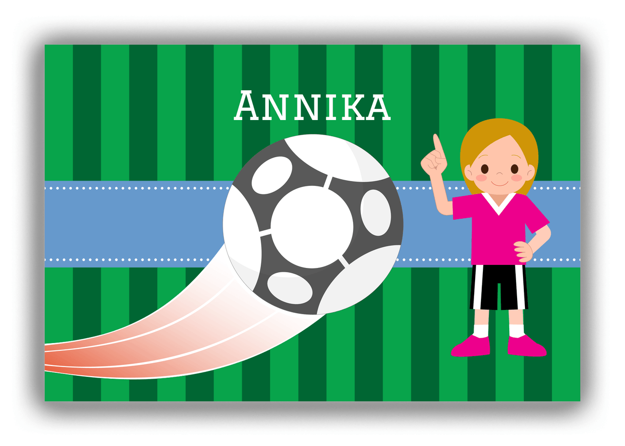 Personalized Soccer Canvas Wrap & Photo Print IV - Ball Swoosh - Blonde Girl - Front View