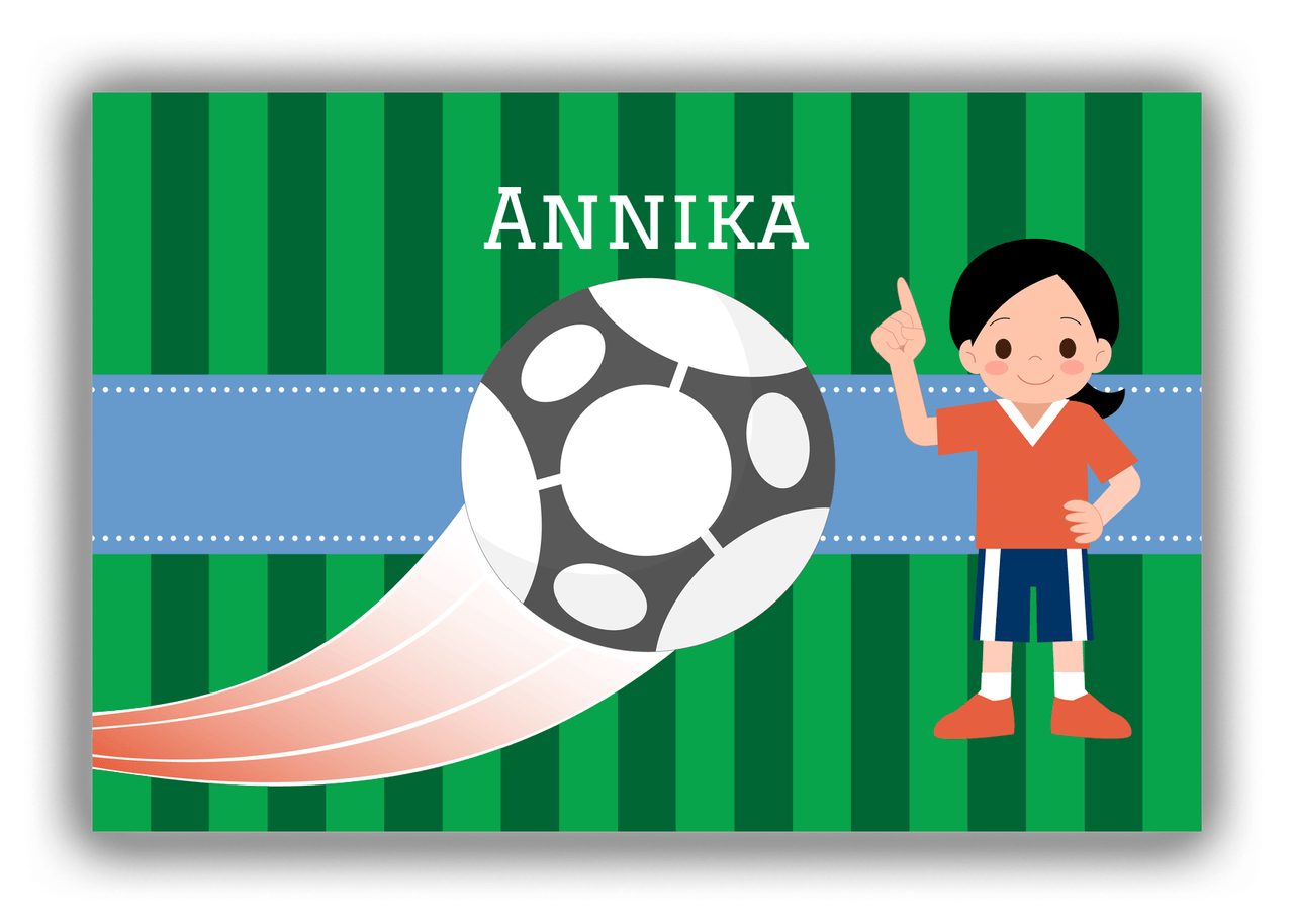 Personalized Soccer Canvas Wrap & Photo Print IV - Ball Swoosh - Black Hair Girl I - Front View