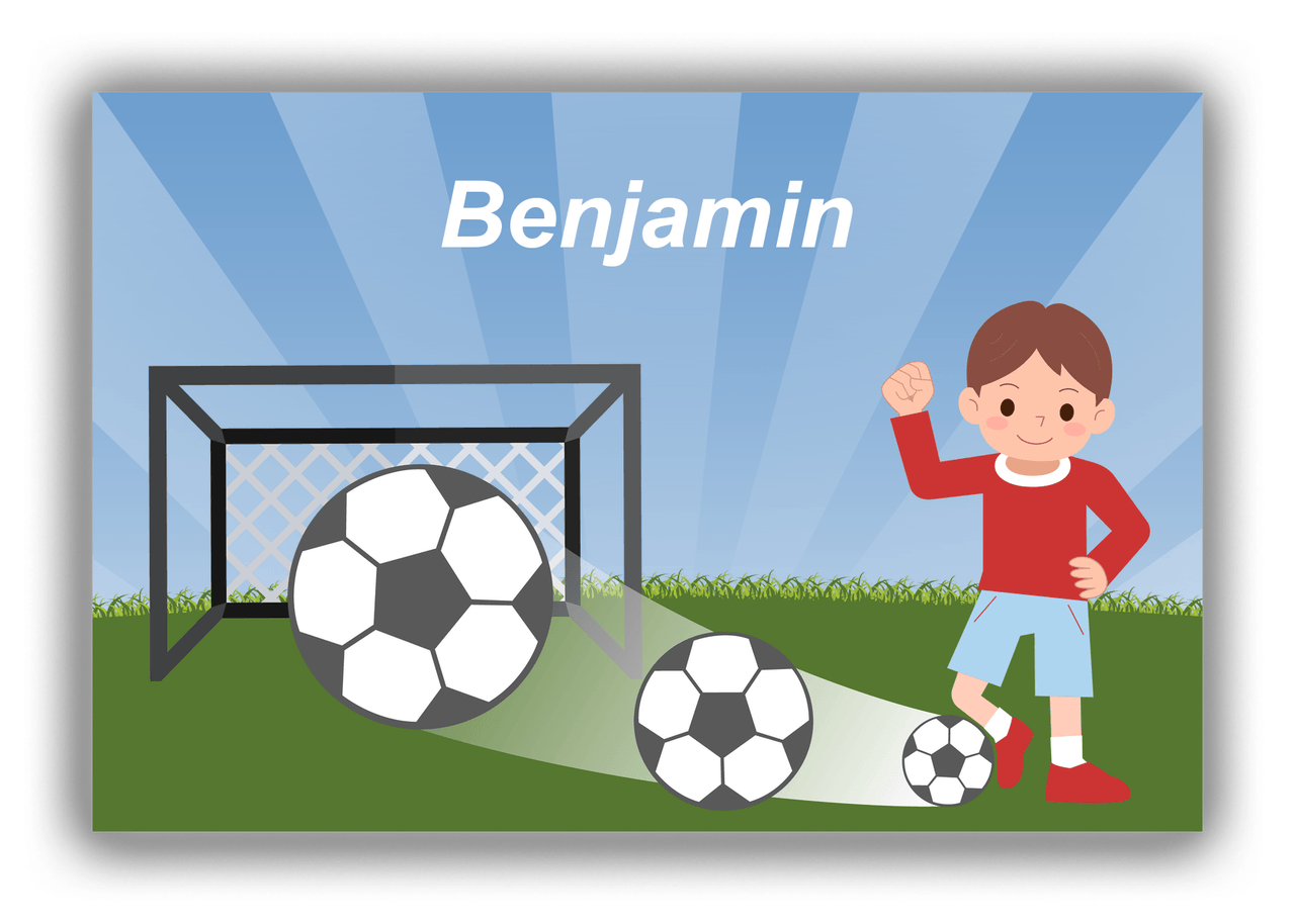 Personalized Soccer Canvas Wrap & Photo Print VIII - Goal Swoosh - Brown Hair Boy - Front View