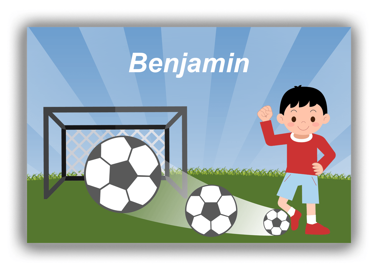 Personalized Soccer Canvas Wrap & Photo Print VIII - Goal Swoosh - Black Hair Boy I - Front View