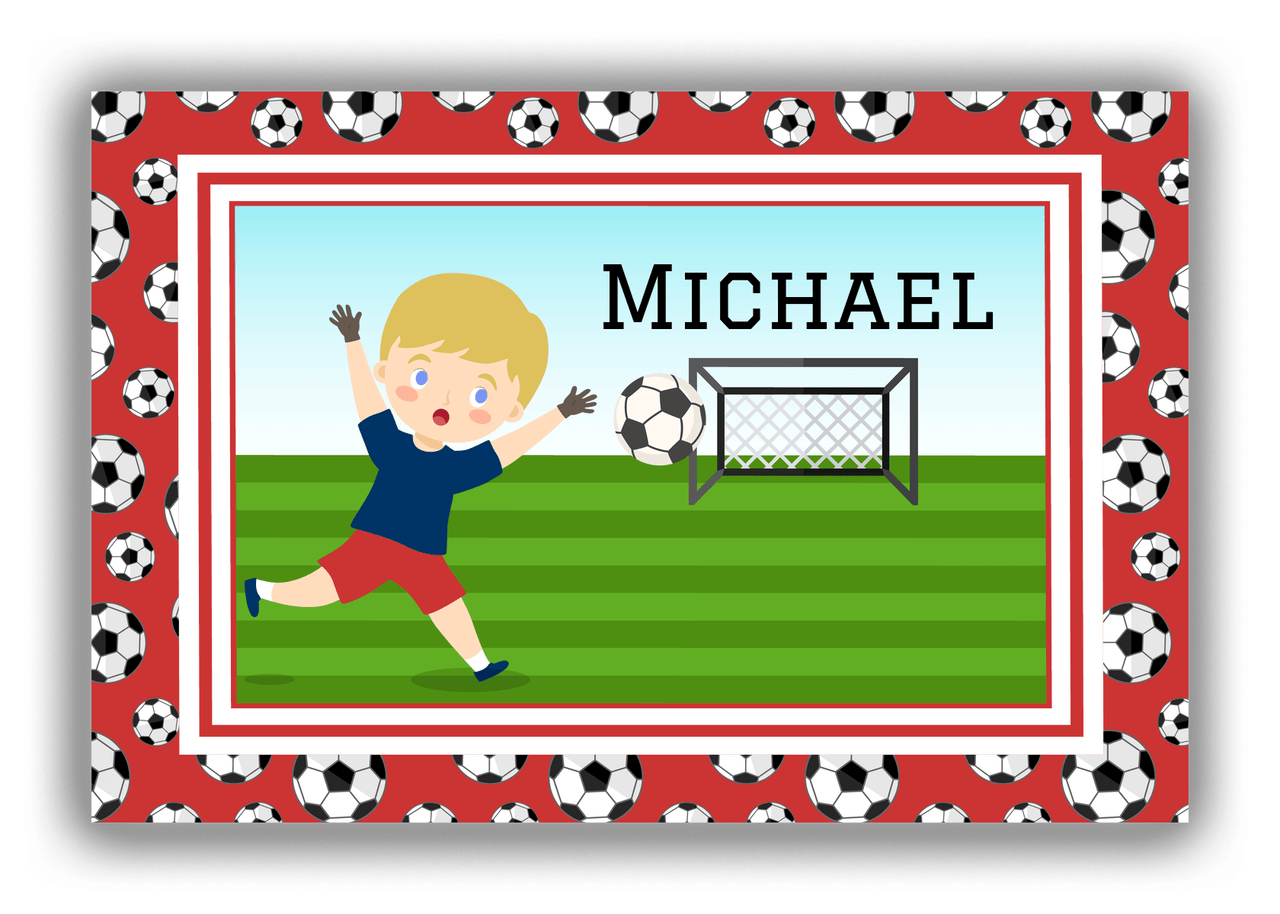 Personalized Soccer Canvas Wrap & Photo Print XVI - Red Background - Blond Boy II - Front View