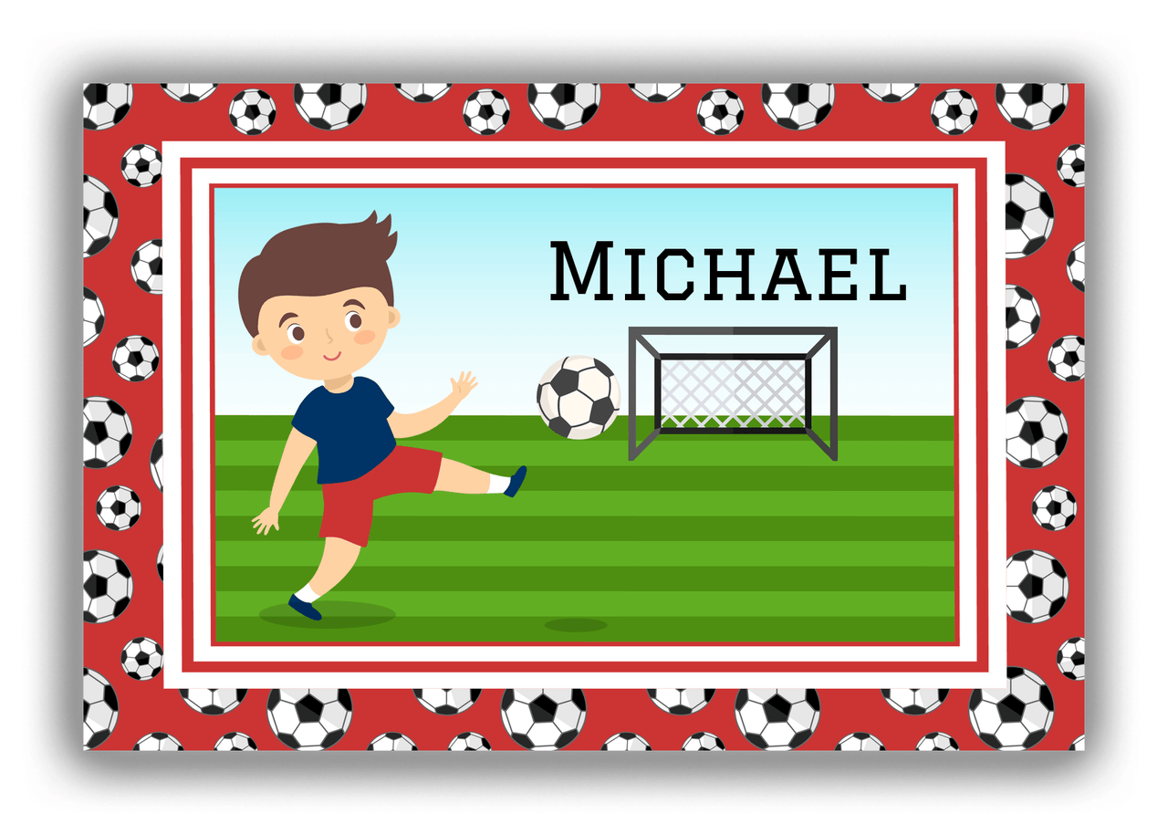 Personalized Soccer Canvas Wrap & Photo Print XVI - Red Background - Black Hair Boy II - Front View