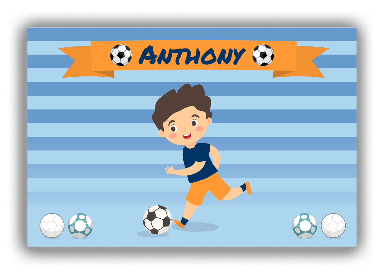 Personalized Soccer Canvas Wrap & Photo Print XIX - Blue Background - Black Hair Boy - Front View