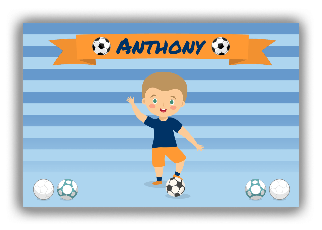 Personalized Soccer Canvas Wrap & Photo Print XIX - Blue Background - Blond Boy I - Front View