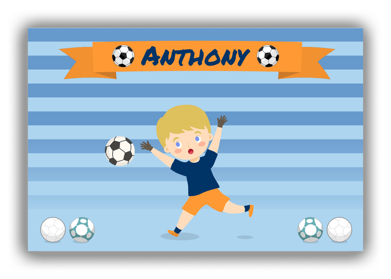 Personalized Soccer Canvas Wrap & Photo Print XIX - Blue Background - Blond Boy II - Front View