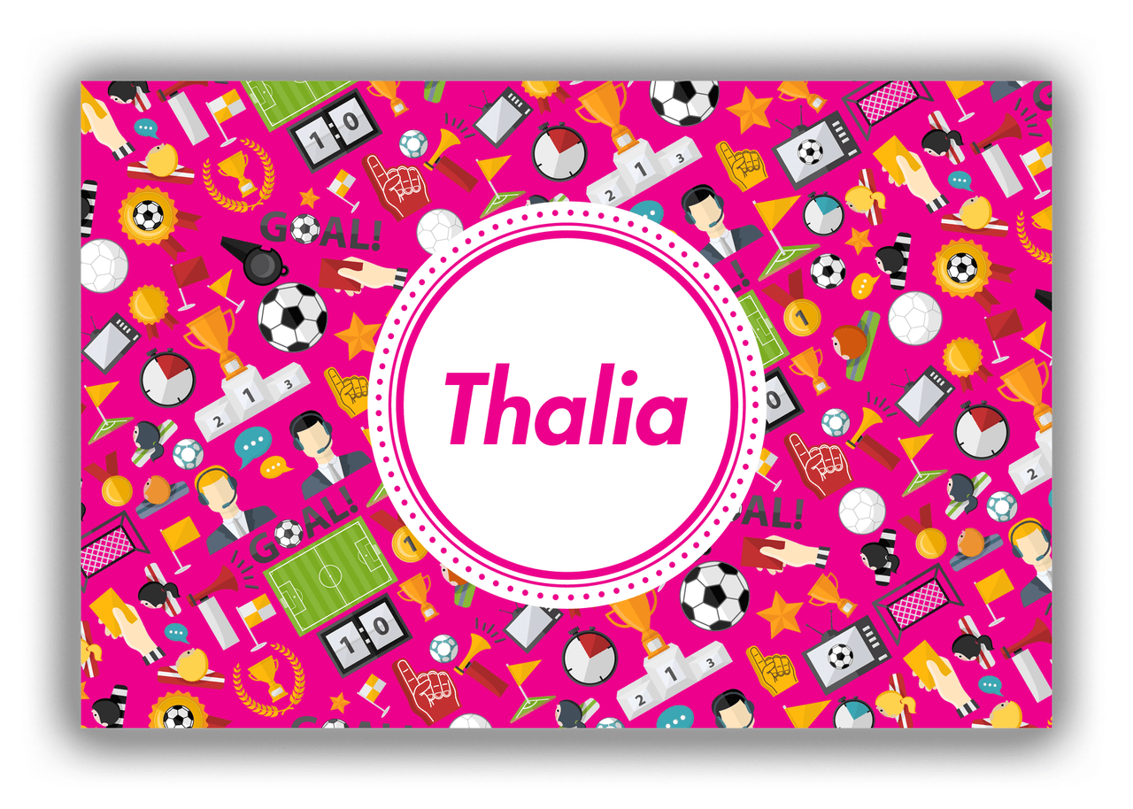 Personalized Soccer Canvas Wrap & Photo Print XX - Pink Background - Circle Nameplate - Front View