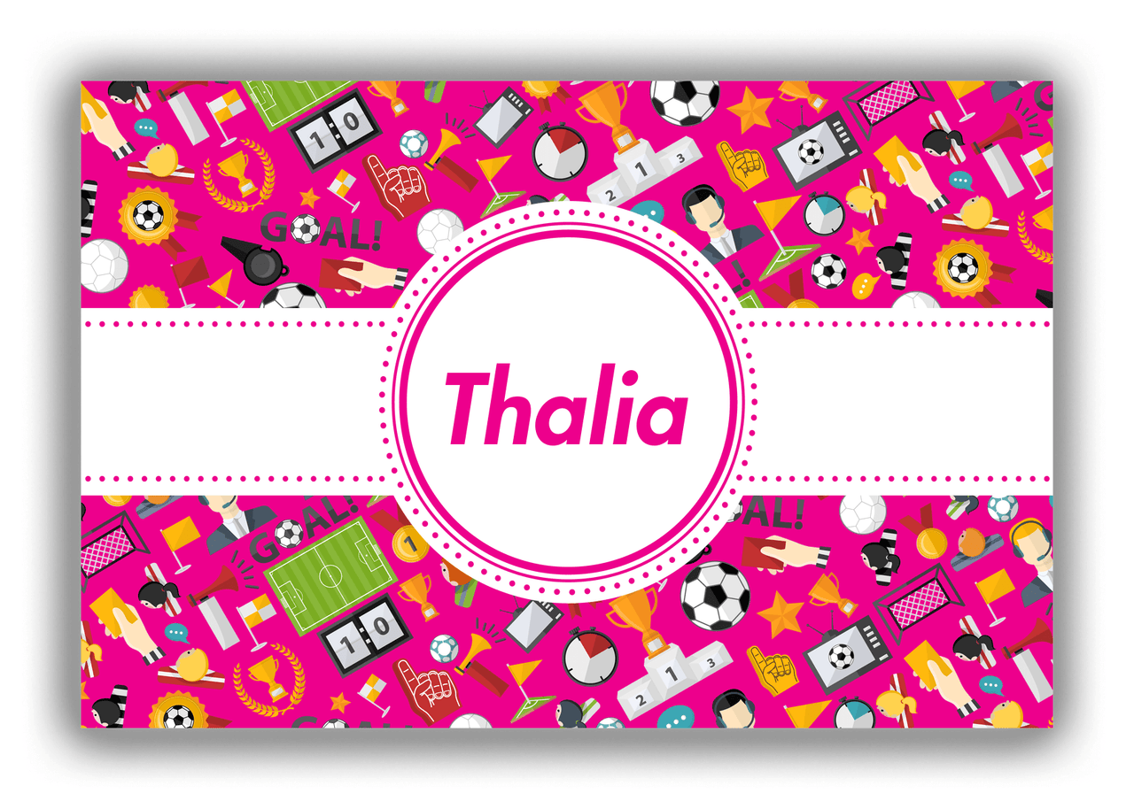 Personalized Soccer Canvas Wrap & Photo Print XX - Pink Background - Circle Ribbon Nameplate - Front View