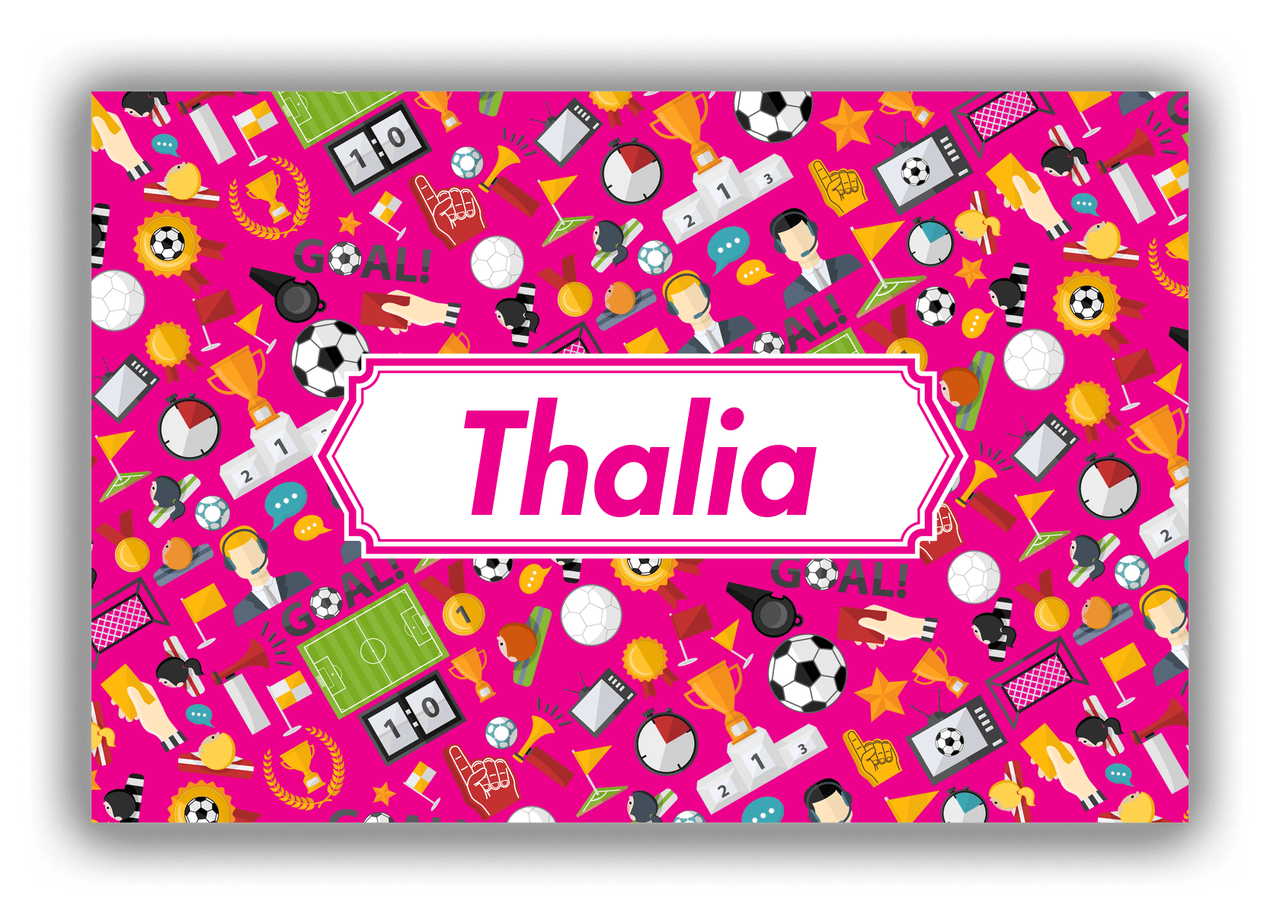 Personalized Soccer Canvas Wrap & Photo Print XX - Pink Background - Decorative Rectangle Nameplate - Front View