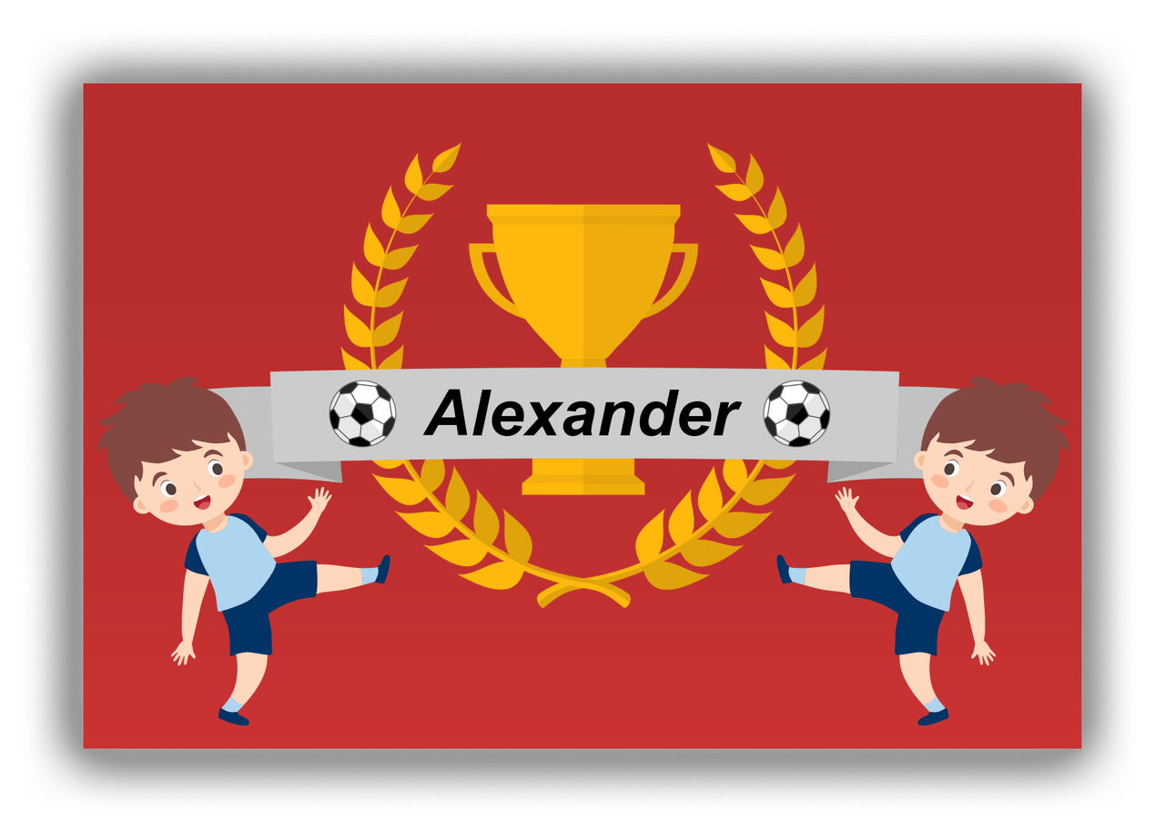 Personalized Soccer Canvas Wrap & Photo Print XXIX - Trophy Ribbon - Brown Hair Boy II - Front View