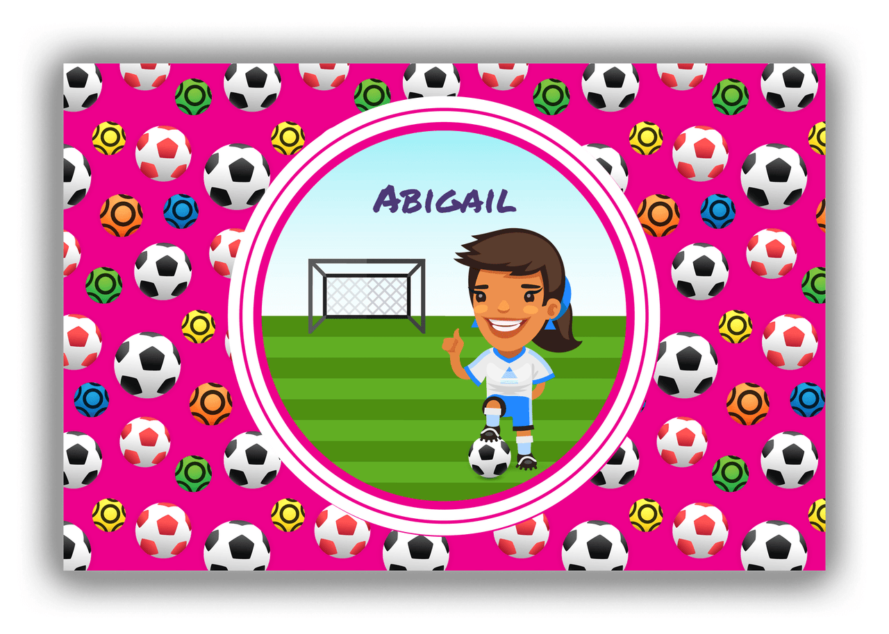 Personalized Soccer Canvas Wrap & Photo Print XXXIX - Pink Background - Brunette Girl I - Front View
