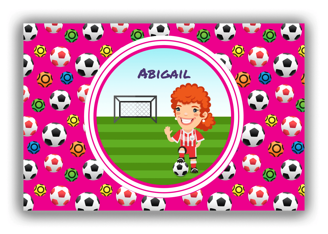 Personalized Soccer Canvas Wrap & Photo Print XXXIX - Pink Background - Redhead Girl - Front View
