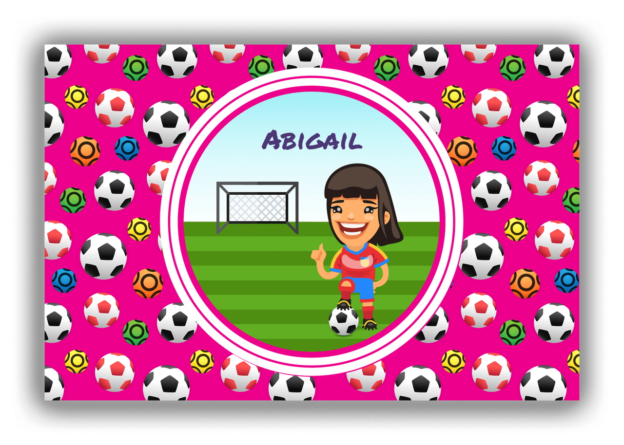 Personalized Soccer Canvas Wrap & Photo Print XXXIX - Pink Background - Black Hair Girl - Front View