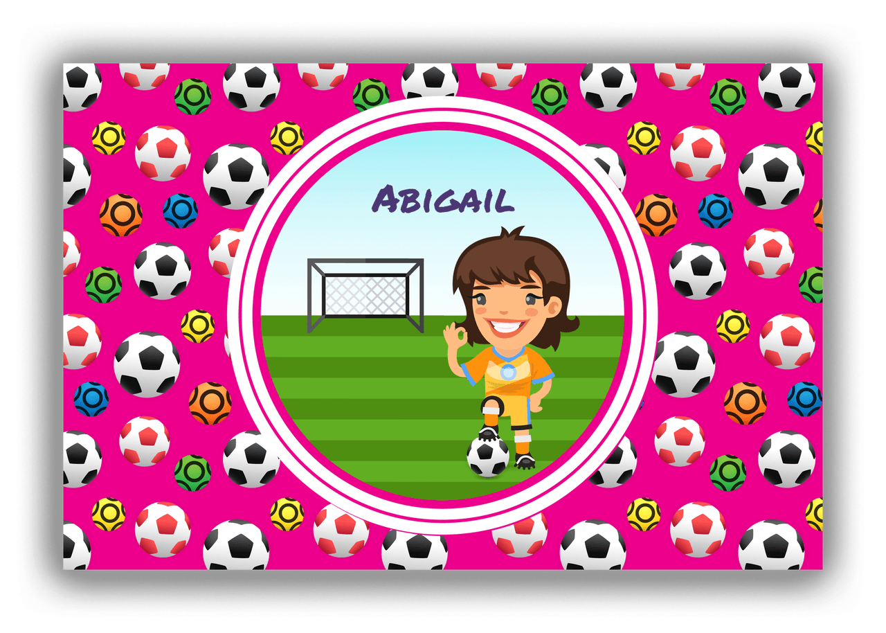 Personalized Soccer Canvas Wrap & Photo Print XXXIX - Pink Background - Brunette Girl II - Front View