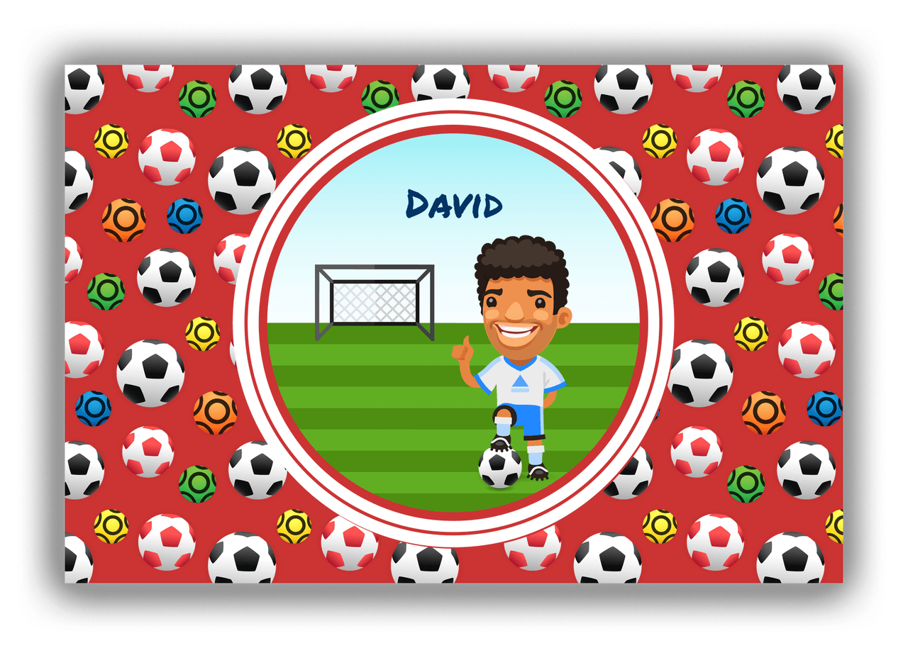 Personalized Soccer Canvas Wrap & Photo Print XL - Red Background - Black Hair Boy I - Front View