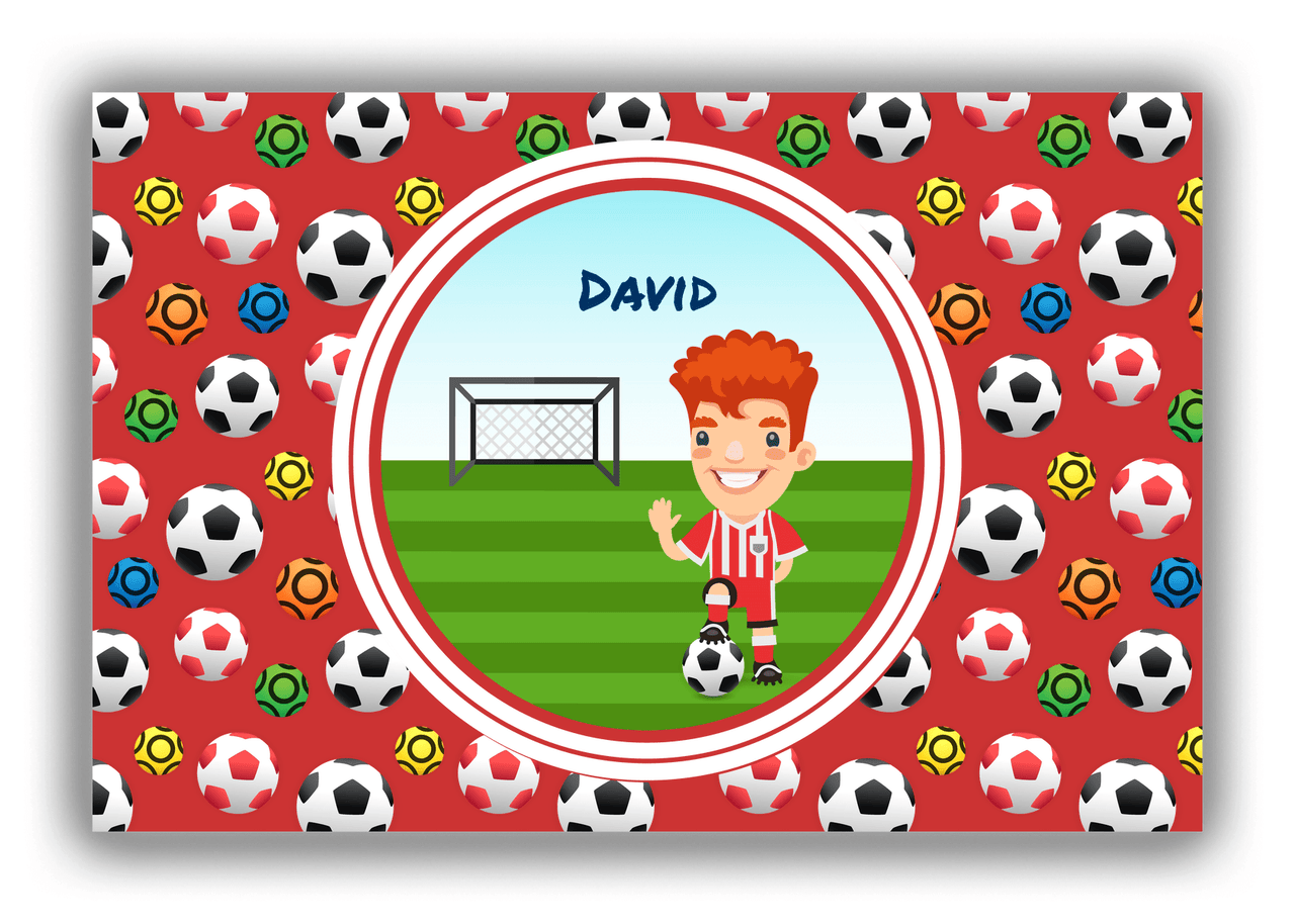 Personalized Soccer Canvas Wrap & Photo Print XL - Red Background - Redhead Boy - Front View