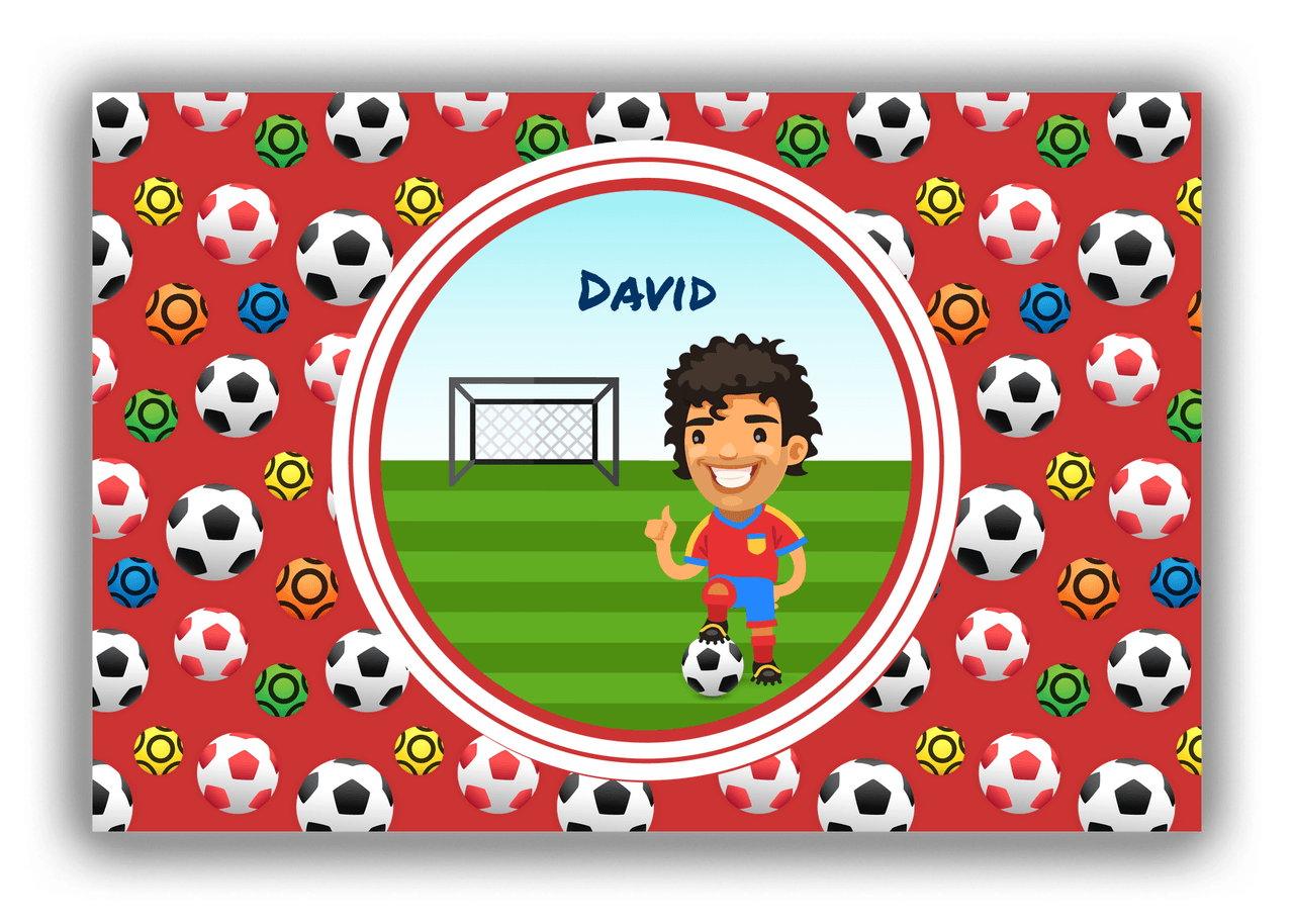 Personalized Soccer Canvas Wrap & Photo Print XL - Red Background - Black Hair Boy II - Front View