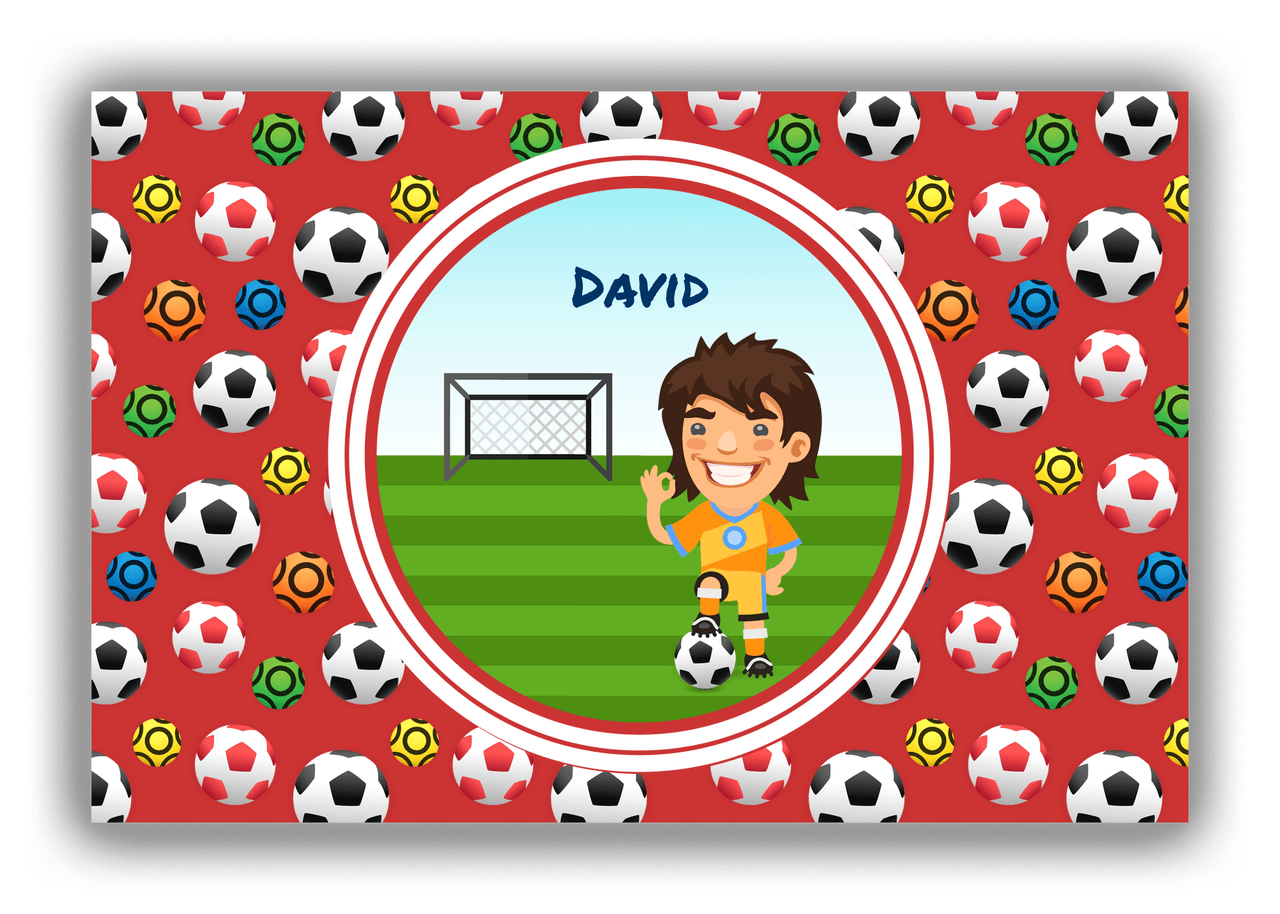 Personalized Soccer Canvas Wrap & Photo Print XL - Red Background - Brown Hair Boy - Front View