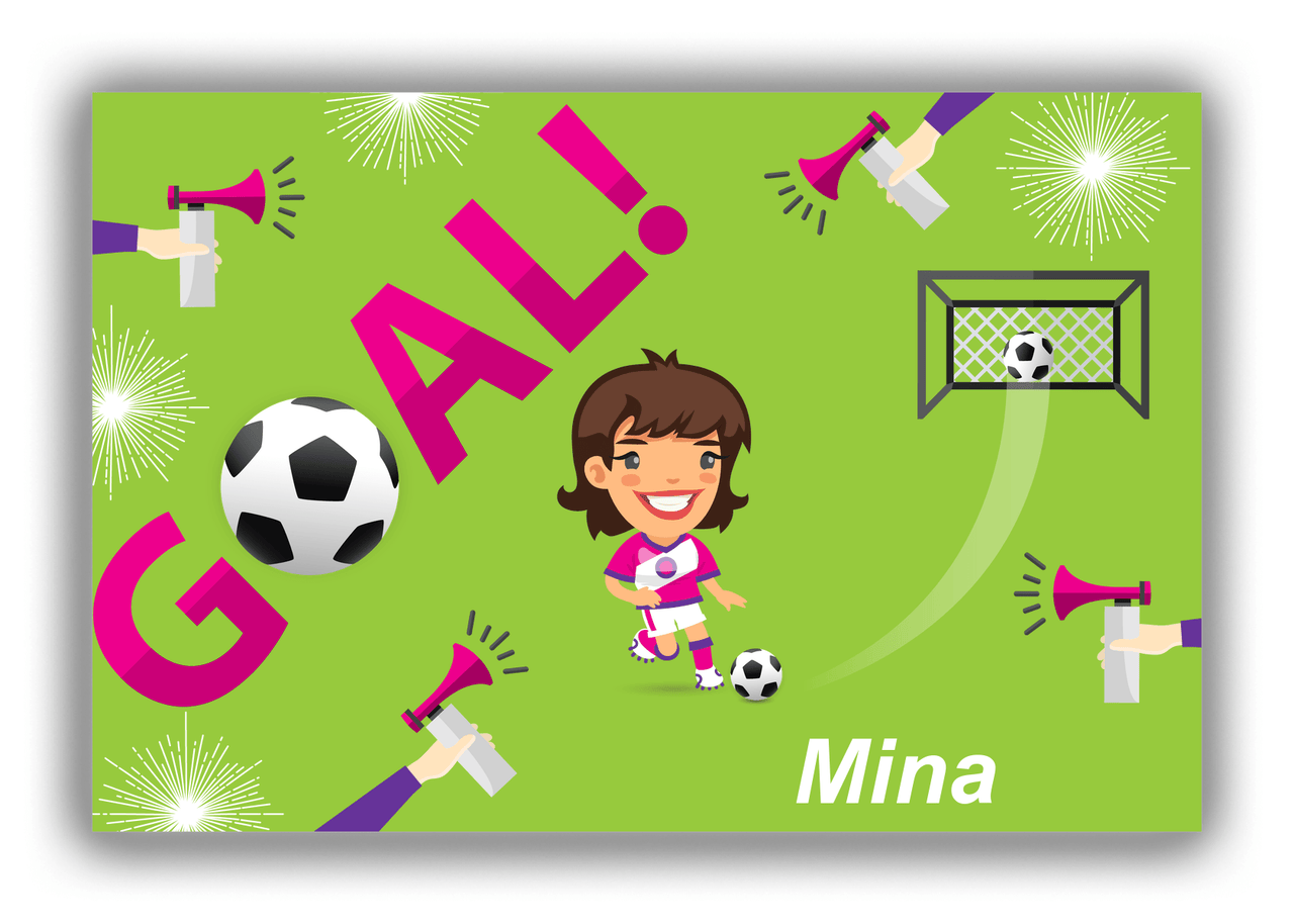 Personalized Soccer Canvas Wrap & Photo Print XLI - Goal Airhorn - Brunette Girl I - Front View