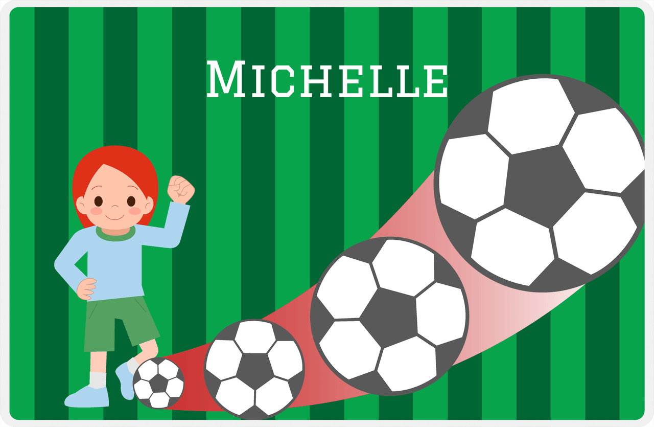 Personalized Soccer Placemat II - Green Background - Redhead Girl -  View