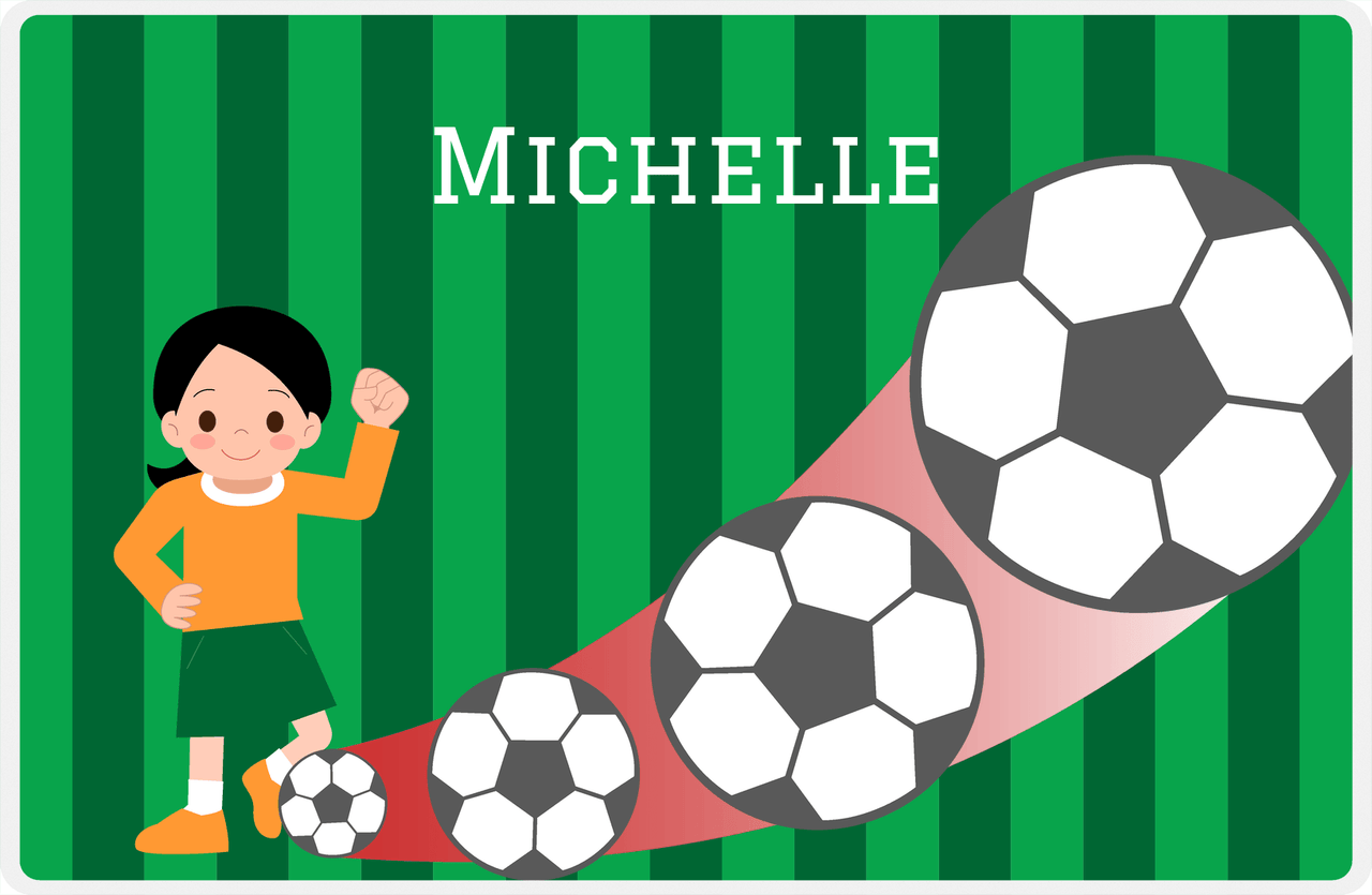 Personalized Soccer Placemat II - Green Background - Black Haired Girl -  View