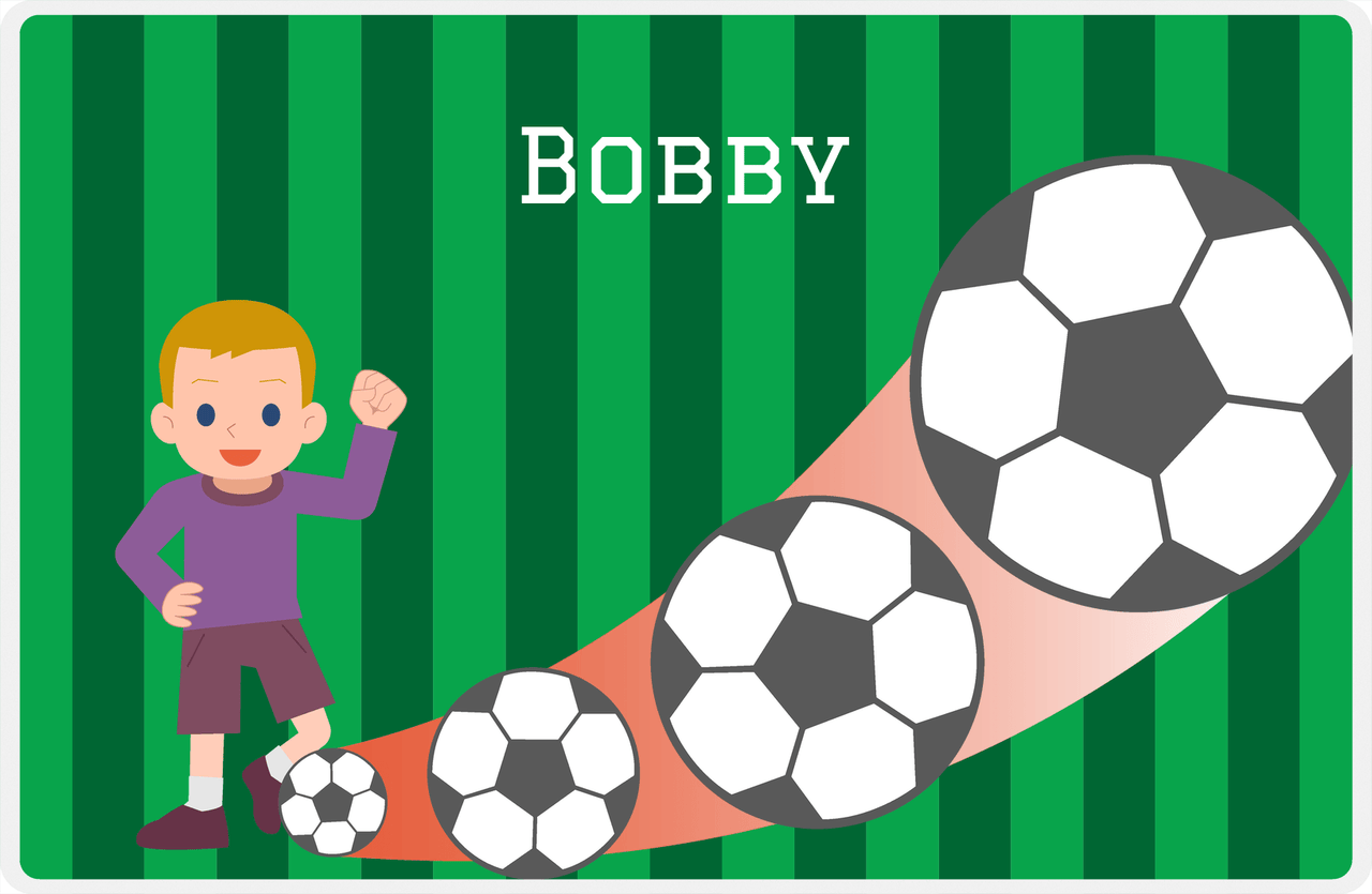 Personalized Soccer Placemat III - Green Background - Blond Haired Boy -  View