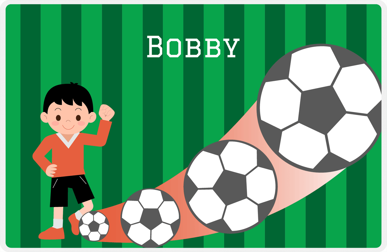 Personalized Soccer Placemat III - Green Background - Black Haired Boy -  View