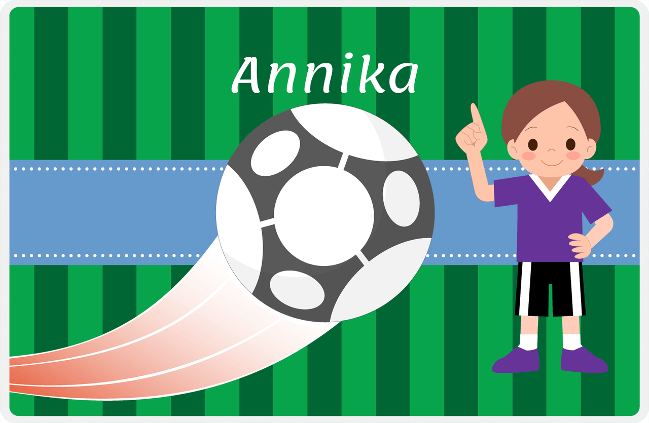 Personalized Soccer Placemat IV - Green Background - Brunette Girl -  View