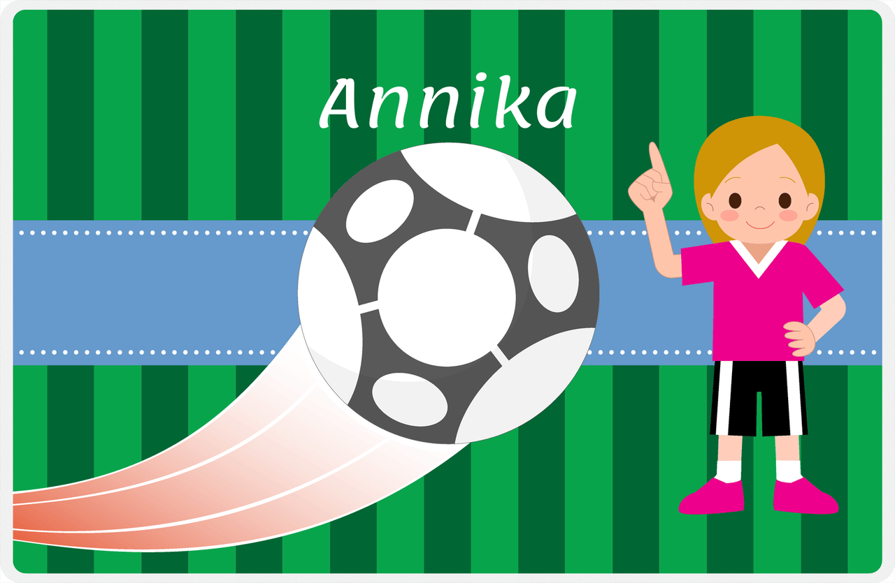 Personalized Soccer Placemat IV - Green Background - Blonde Girl -  View