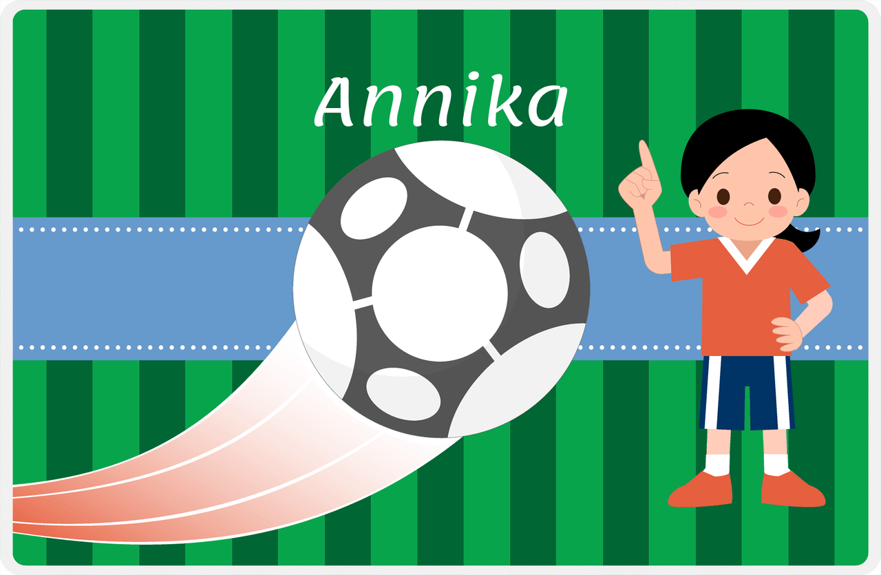 Personalized Soccer Placemat IV - Green Background - Black Haired Girl -  View