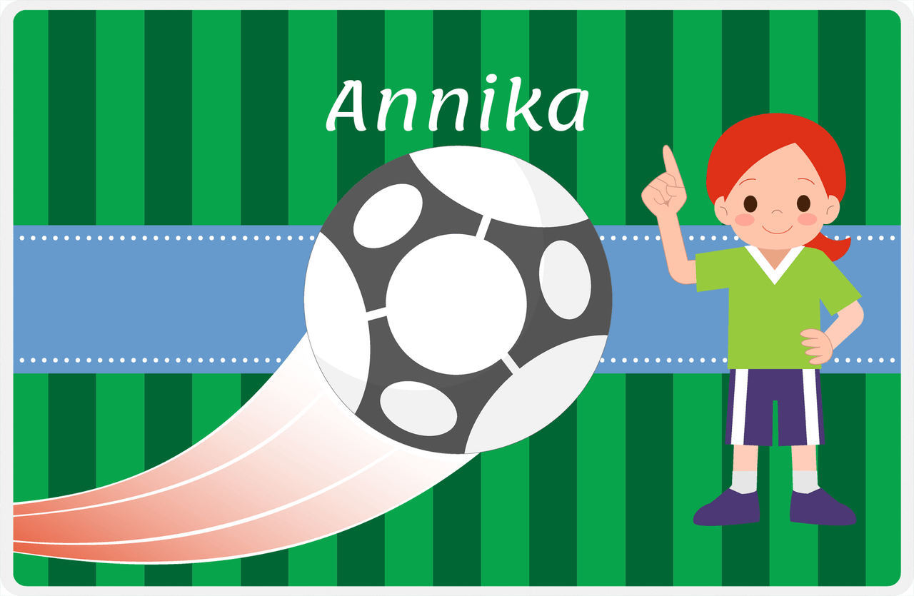Personalized Soccer Placemat IV - Green Background - Redhead Girl -  View