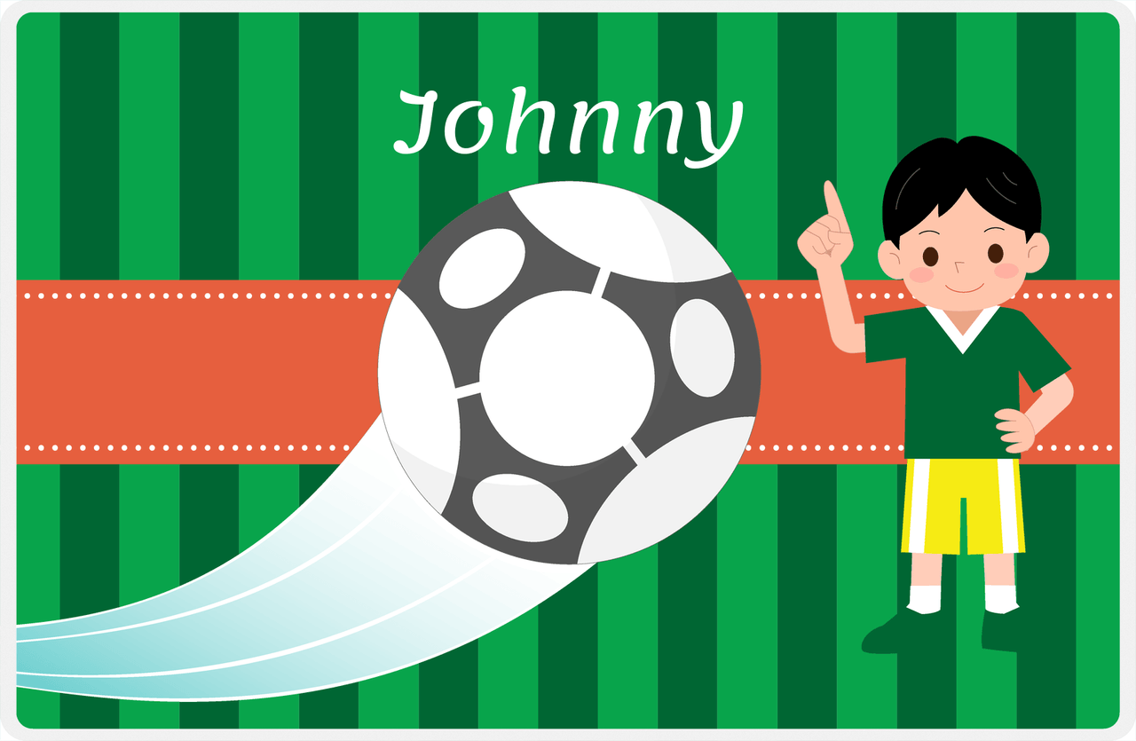 Personalized Soccer Placemat V - Green Background - Black Haired Boy -  View