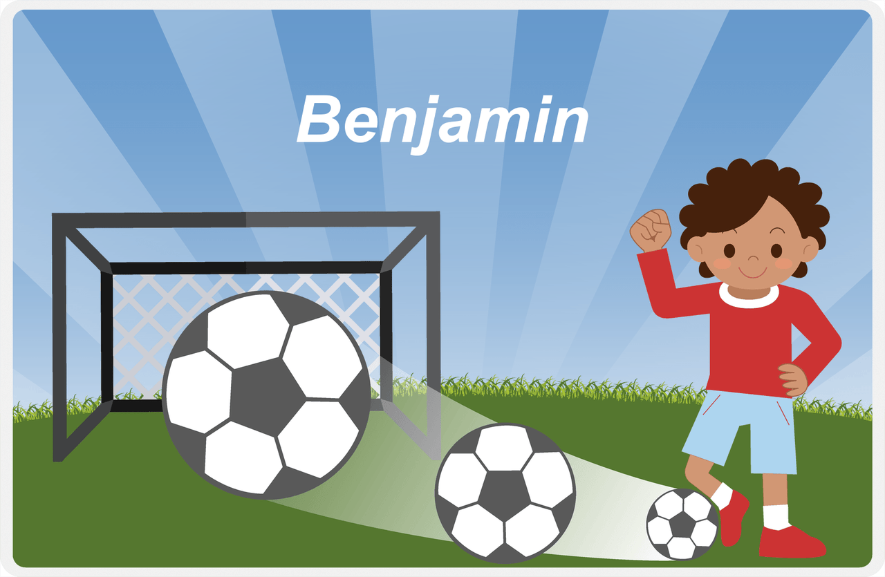 Personalized Soccer Placemat VIII - Blue Background - Black Boy -  View