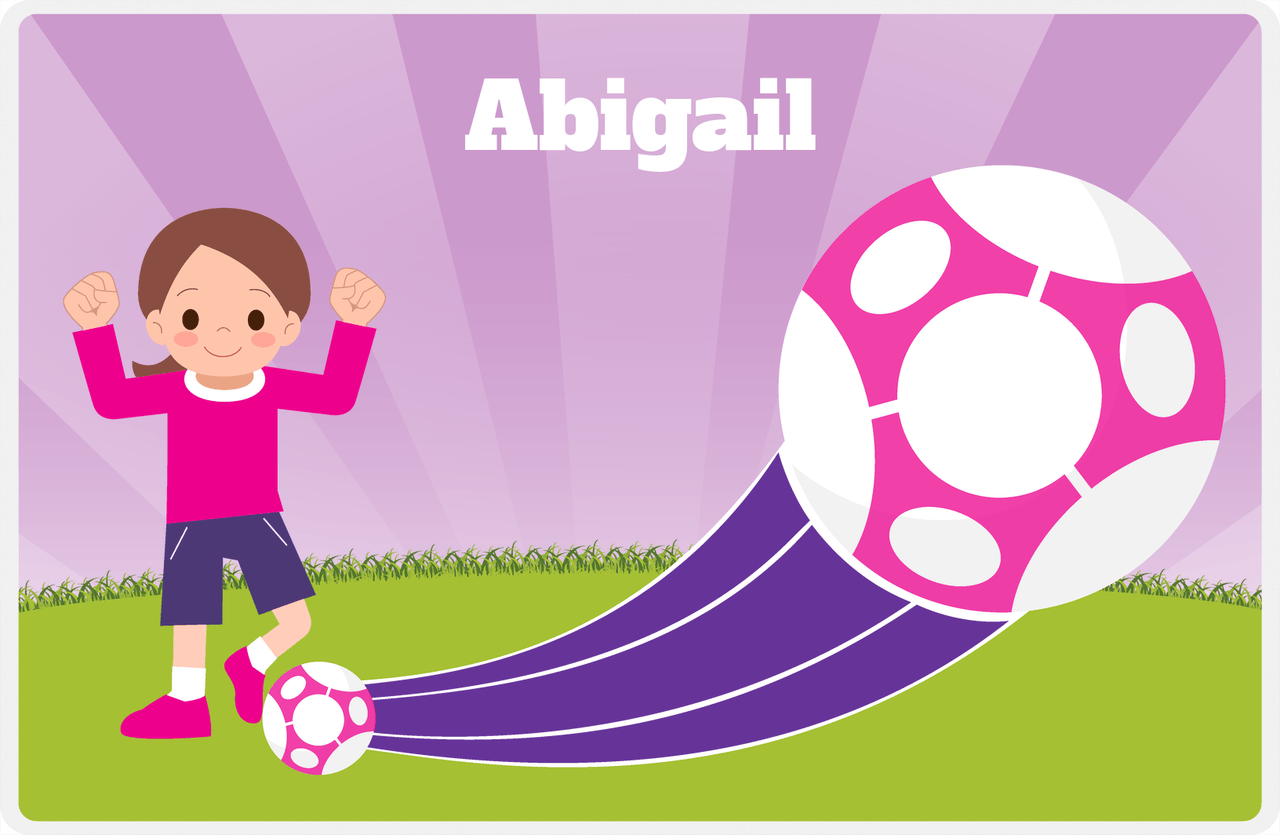 Personalized Soccer Placemat XIII - Purple Background - Brunette Girl -  View
