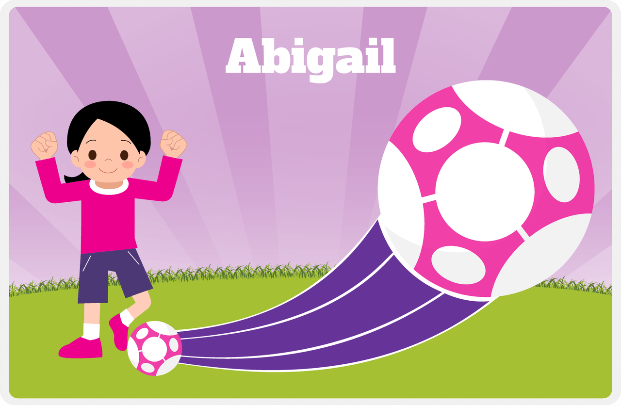 Personalized Soccer Placemat XIII - Purple Background - Black Hair Girl -  View