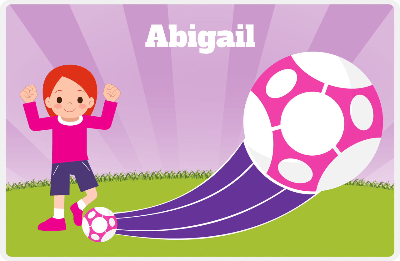 Personalized Soccer Placemat XIII - Purple Background - Redhead Girl -  View