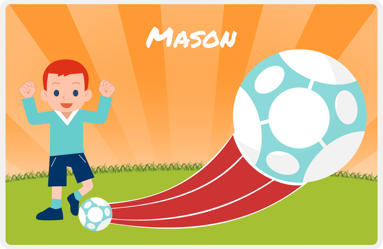 Personalized Soccer Placemat XIV - Orange Background - Redhead Boy -  View