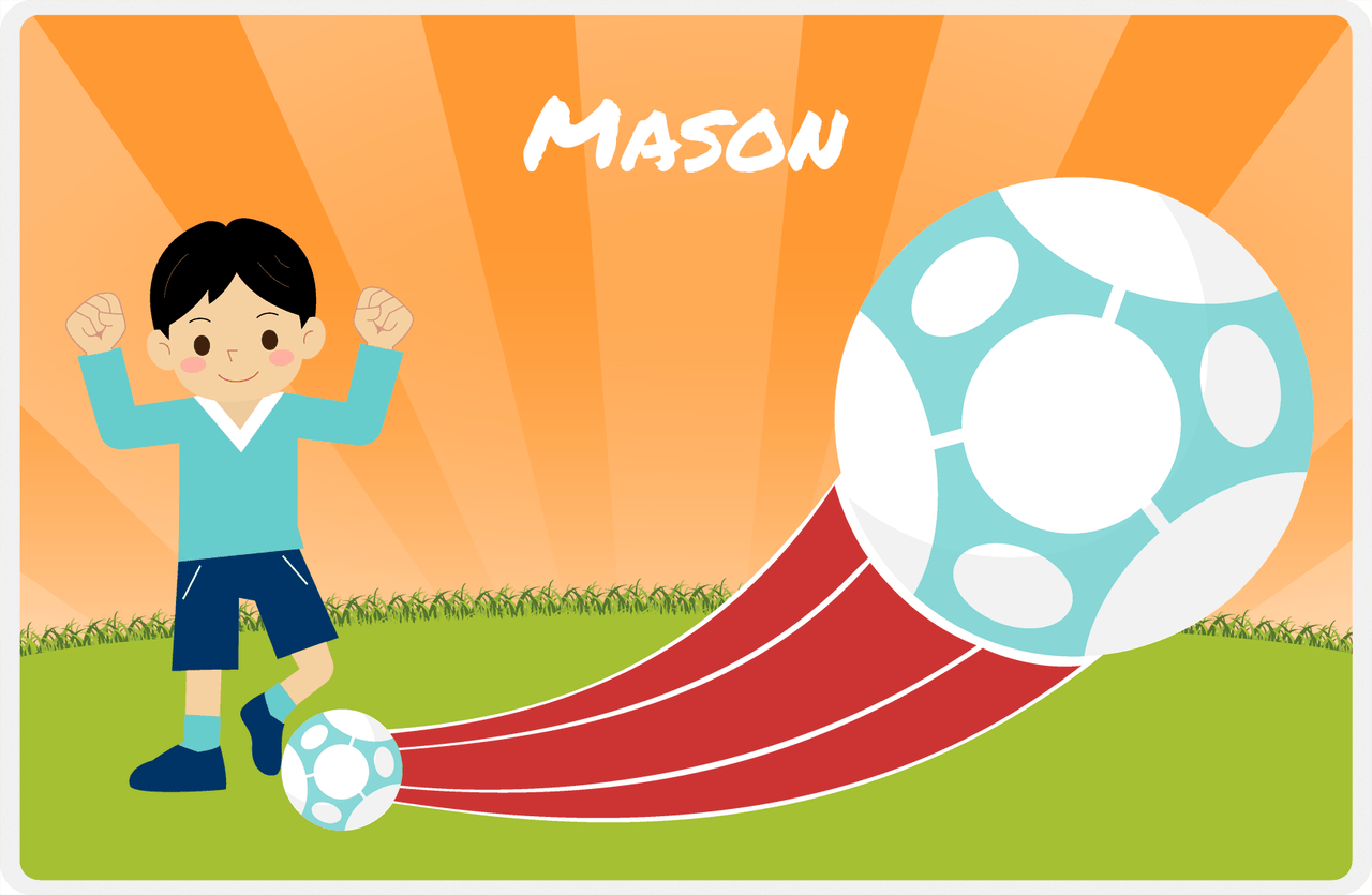 Personalized Soccer Placemat XIV - Orange Background - Asian Boy -  View