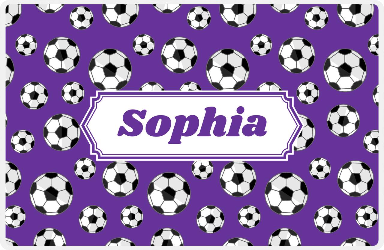 Personalized Soccer Placemat XV - Purple Background - Decorative Rectangle Nameplate -  View