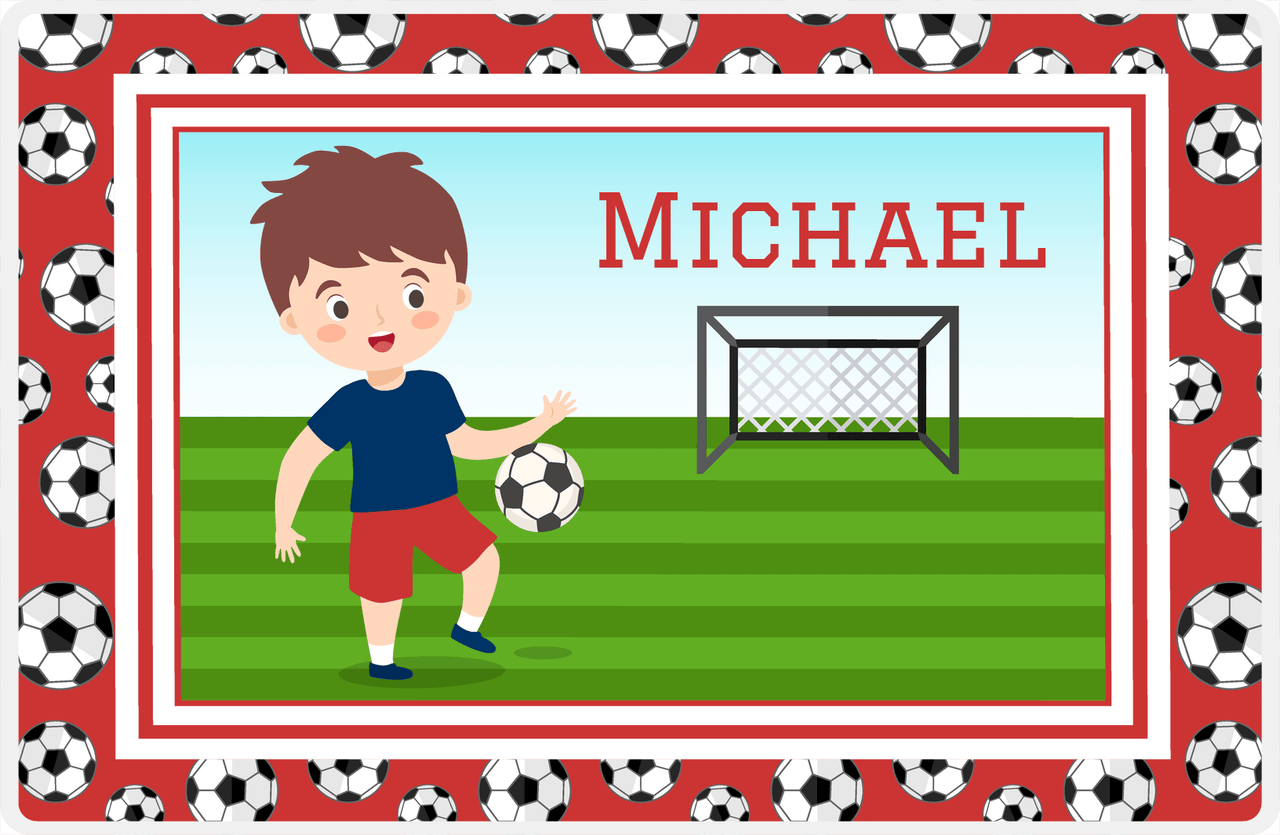 Personalized Soccer Placemat XVI - Red Border - Brown Hair Boy -  View
