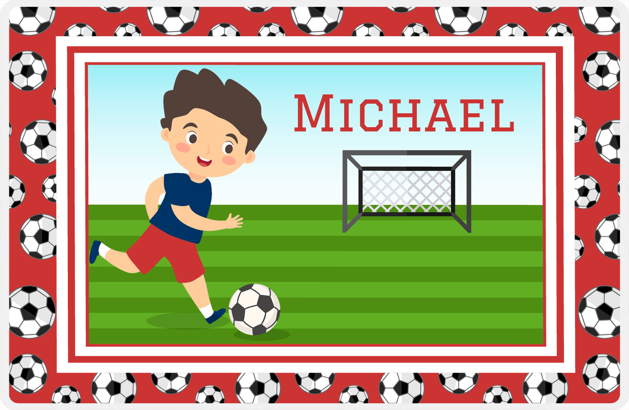 Personalized Soccer Placemat XVI - Red Border - Black Hair Boy -  View