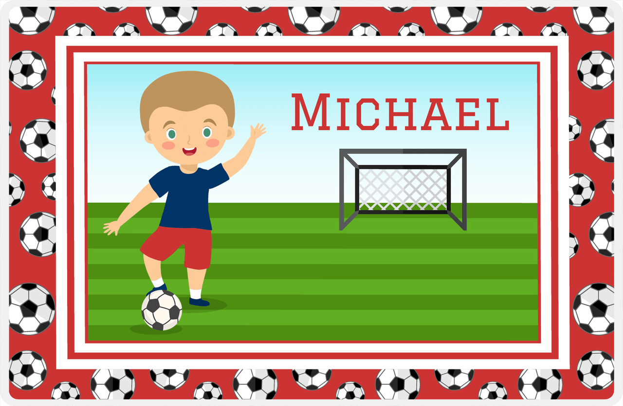 Personalized Soccer Placemat XVI - Red Border - Blond Boy -  View