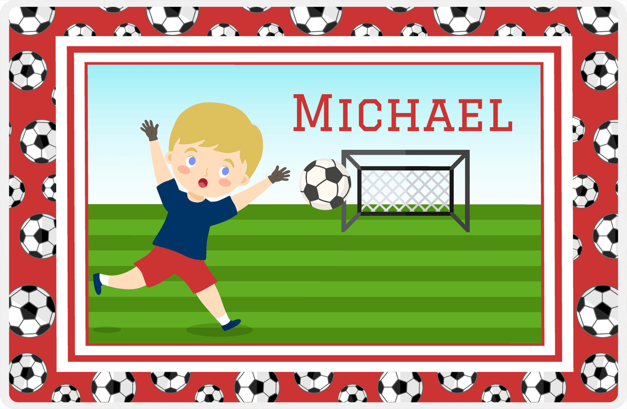 Personalized Soccer Placemat XVI - Red Border - Blond Boy II -  View